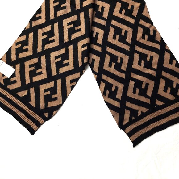 Vintage FENDI Black & Brown Monogram Print Cashmere Scarf with Stripe Trim - Picture 4 of 9